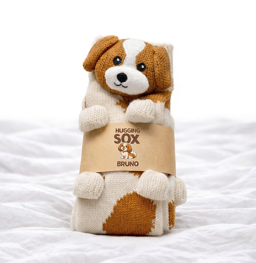 HuggingSox - Bruno der Hund Socken, gemütlich, niedlich, Socken für Hundeliebhaber. Eingepackt als Geschenk. Schöne Verpackung.