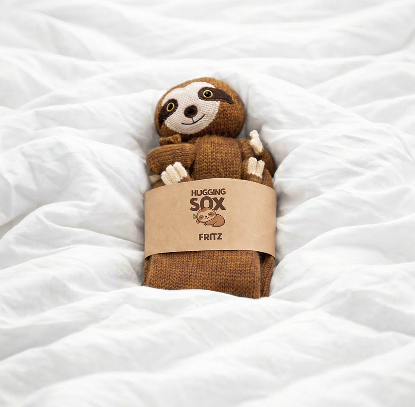 Hugging Sox - Fritz das Faultier auf einer Decke mit Verpackung