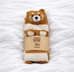 HuggingSox - Paula der rote Panda Socken auf einer Decke mit Verpackung
