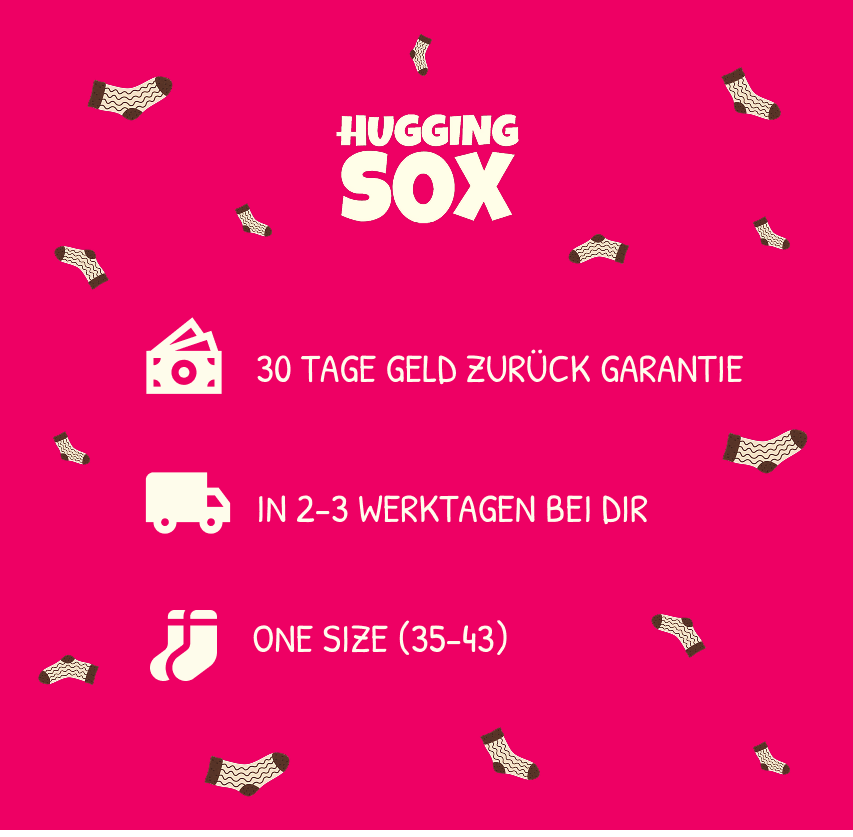 HuggingSox Produkt Informationen, 30 Tage Geld zurück, Lieferung in 2-3 Werktagen, Einheitsgröße, Perfektes Geschenk für Freundin, Perfektes Geschenk für Mutter, Perfektes Geschenk für Schwester, Perfektes Geschenk für Tochter