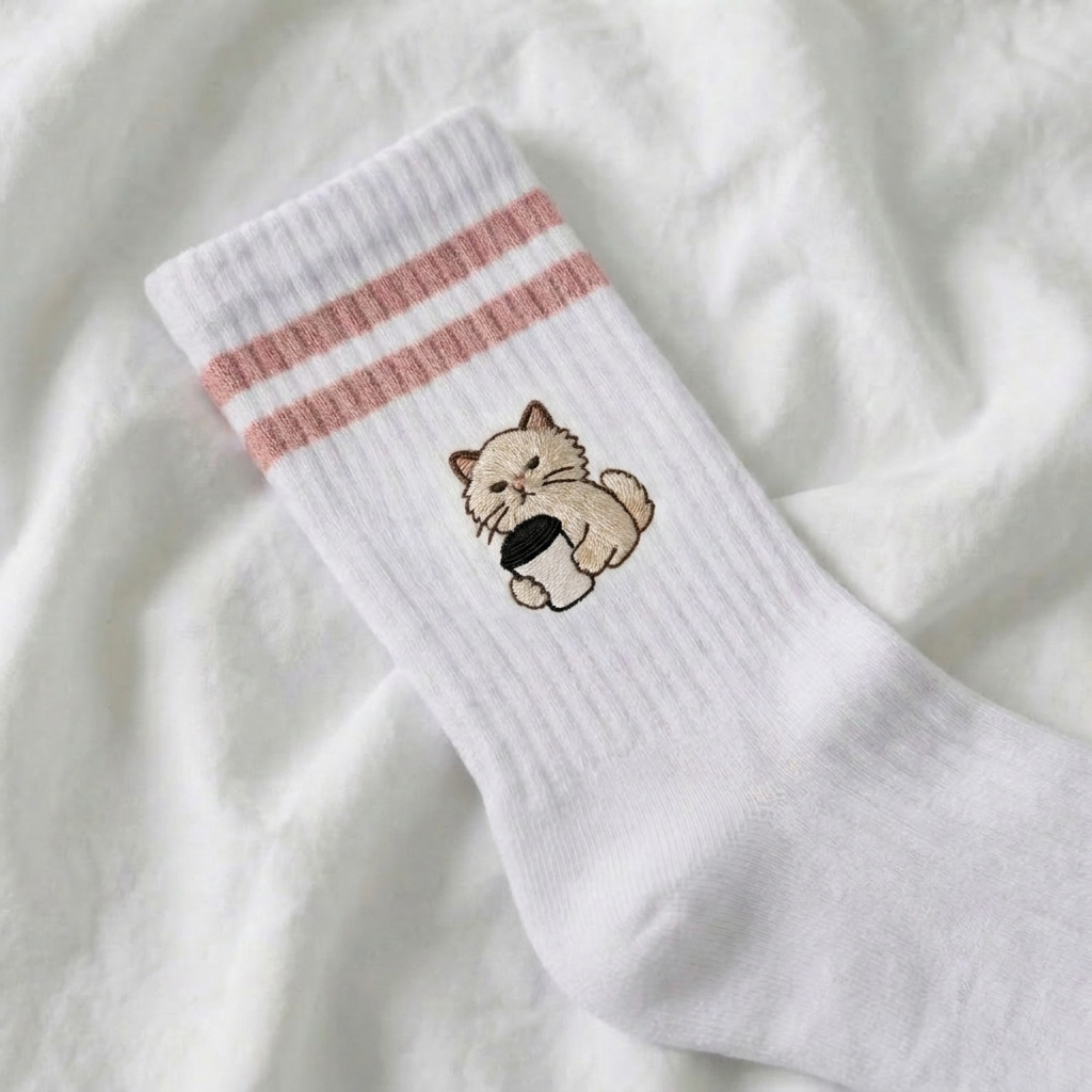 Bestickte Tennissocken Katze mit Kaffee – Coffee Cat | Hugging Sox