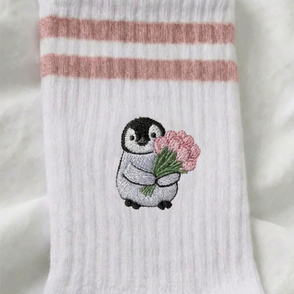 Bestickte Tennissocken Pinguin mit Tulpen – Flower Pingu | Hugging Sox