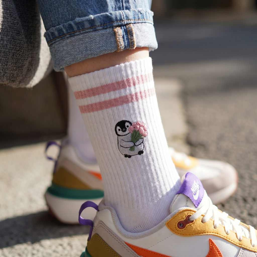 Bestickte Tennissocken Pinguin mit Tulpen – Flower Pingu | Hugging Sox