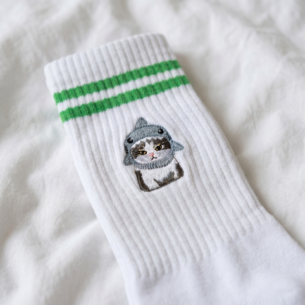 Bestickte Tennissocken Katze im Hai-Kostüm – Sharky Cat | Hugging Sox